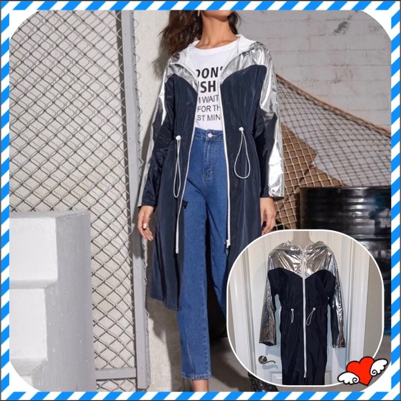 SHEIN Jackets & Blazers - Navy & Silver Drawstring Waist Hooded Windbreaker